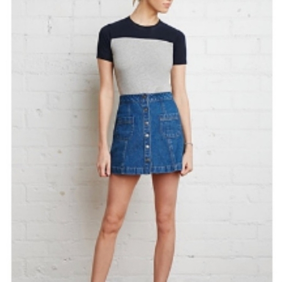 Forever 21 Blue Jean Denim Snap Button Down Front Mini Skirt Medium Wash Large L - Picture 1 of 7